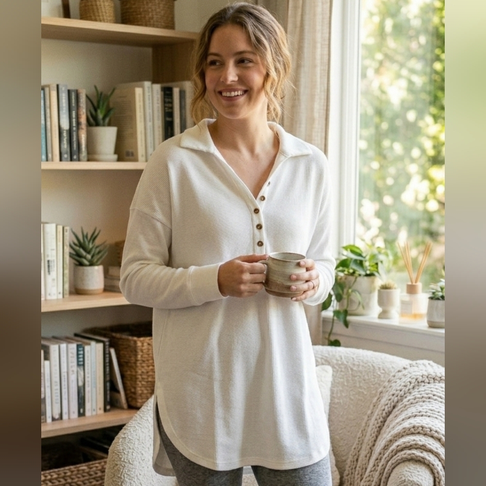 NWT Z Supply White Ribbed Long Sleeve Collared Tunic XS Soft And Cozy Quiet Lux
